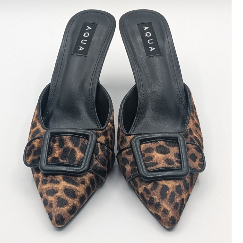 AQUA Leopard Print Mules 8.5 Brown Cow Hair Bucke Pointed Toe Chic Flared Heel